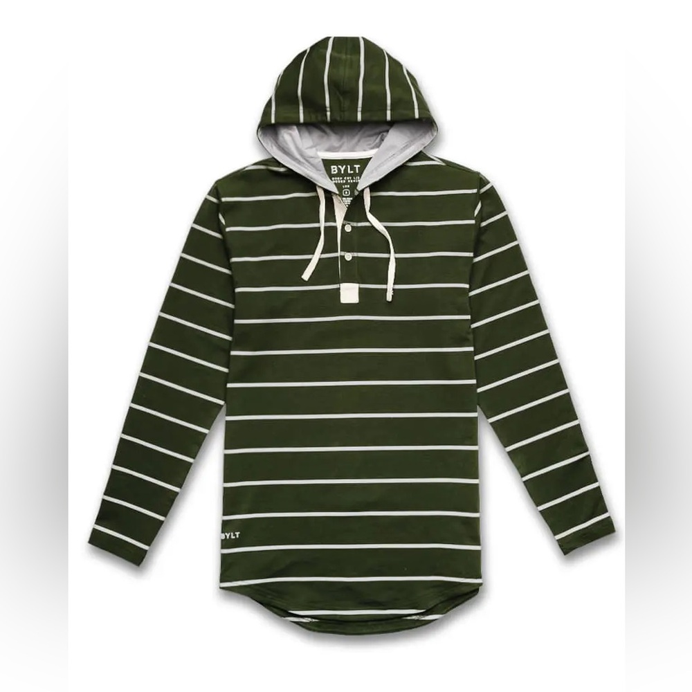 BYLT Men’s Drop-Cut: LUX Hooded Henley, Green, Like New